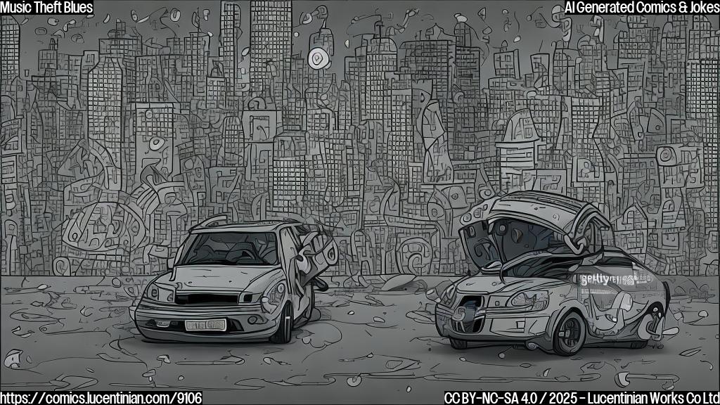 Plain color cartoon style image of a nondescript car with musical notes floating around it, with a thief-like figure (simple, masked, no specific clothing brand) peering into the window with a mischievous expression. The background is a generic city skyline.