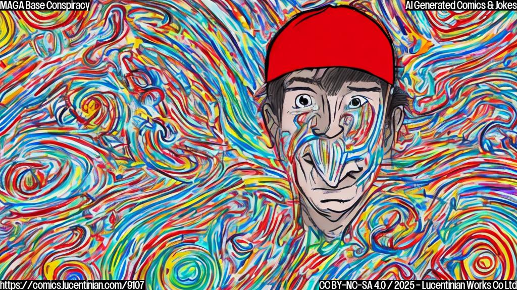 Cartoon drawing of a person with a red hat staring intensely at a blurry document with question marks all over it. The background is a swirl of chaotic, colorful lines representing conspiracy theories. The person's face is a mix of fear and excitement.