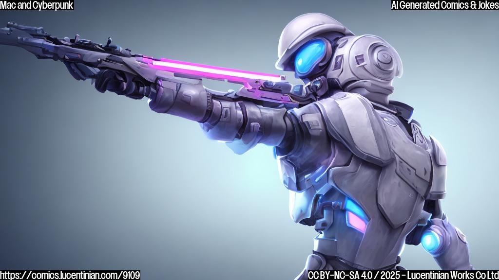 A simple, flat cartoon image. A light grey Macbook laptop with a colorful game character on the screen. The character is a generic, futuristic soldier with neon lights on its armor. The background is a plain blue.