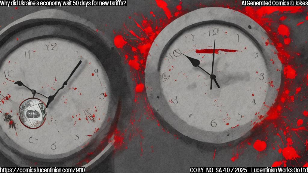 A cartoon of a clock with a red hand behind a grey background, with a few missiles and explosions in the air. The clock has a Ukrainian hryvnia coin on its face, looking worried.