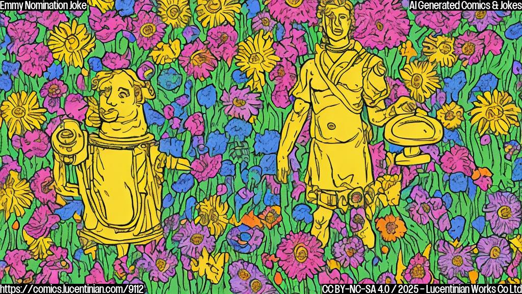 A plain color cartoon style drawing of a golden statue holding a television remote, standing in a field of brightly colored, overly dramatic flowers.