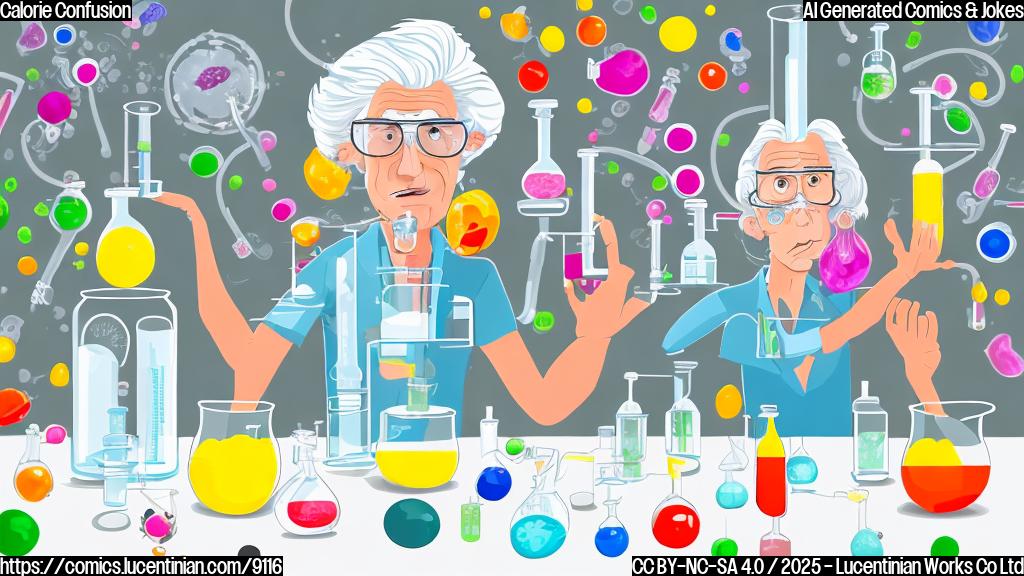A confused scientist with frizzy white hair stands in a brightly lit, minimalist nutrition lab filled with beakers and diagrams. They are surrounded by floating, swirling numbers representing calories. The scientist has a bewildered expression and is scratching their head. The lab is clean and cartoonish with solid, plain colors, no shadows.