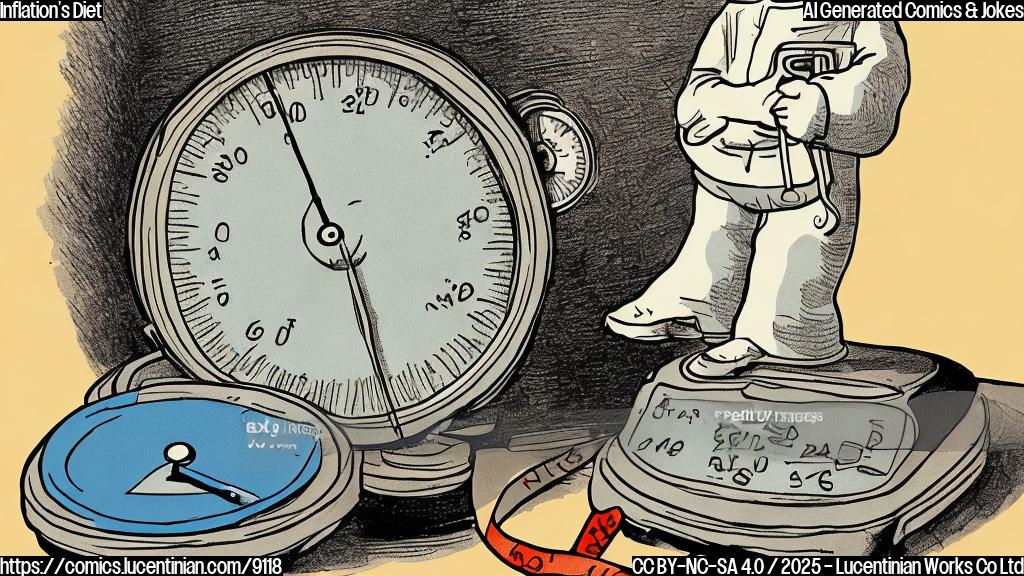 Plain color cartoon style picture of a weighing scale with a graph line looking worried while holding a measuring tape around its waist. In the background, a chart with upward pointing arrows.