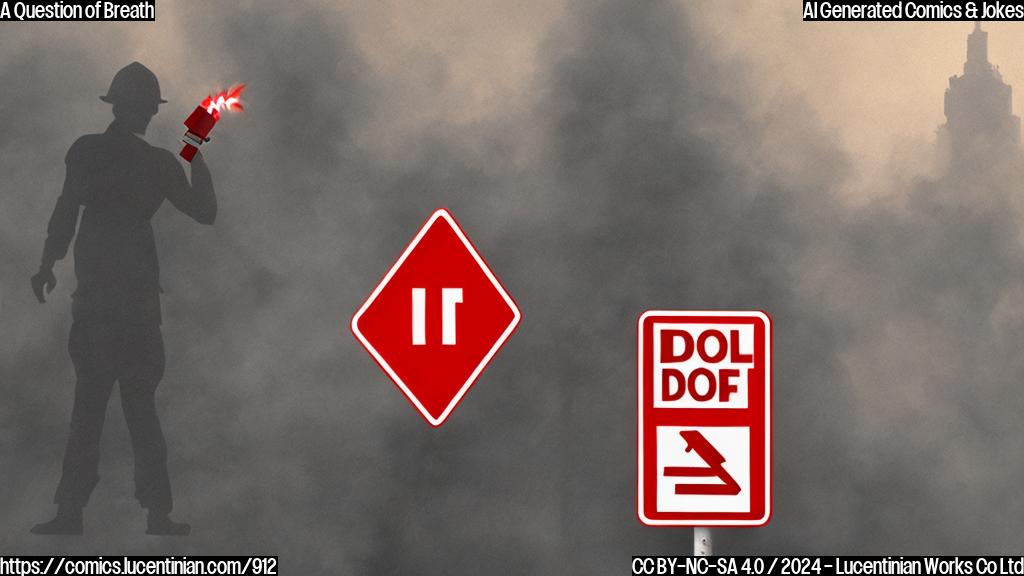 Illustrate an anthropomorphic inhaler character standing on top of a ladder, with a cityscape in the background and a red "DO NOT ENTER" sign around the area where the brush fires are burning. The inhaler should have a concerned expression and a few wisps of smoke coming from its mouth.