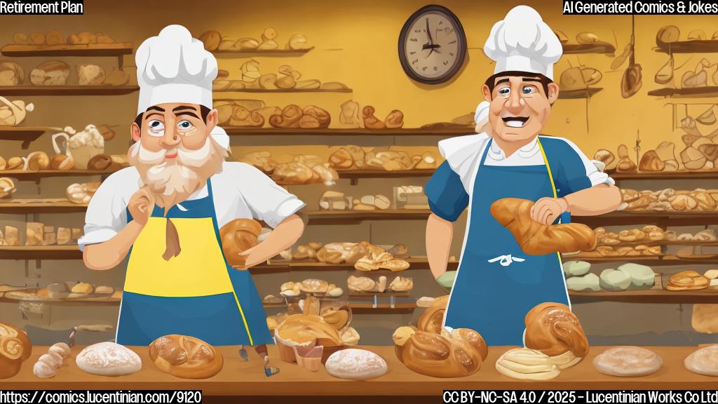 A cartoon style image with a light yellow background. In the center, a retired boxer with a cauliflower ear and a slightly bruised face is happily kneading dough in a bakery. He wears a white baker's hat and apron. Various pastries and breads are displayed on shelves behind him.