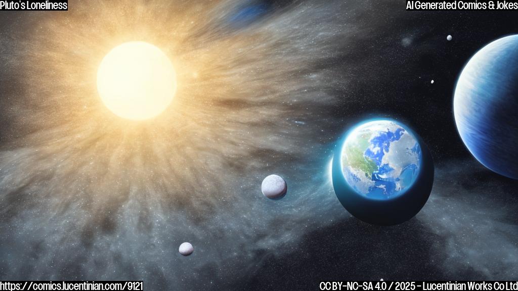 A plain color cartoon style drawing of a sad, small, icy, spherical planet with a heart shape on its surface floating in the blackness of space, looking forlornly at a much larger blue and green planet in the distance.