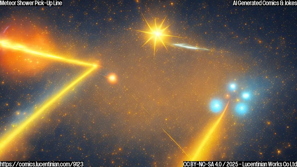 A bright orange and yellow meteor with a goofy grin approaching a twinkling, sophisticated-looking star. The background is a deep space blue with smaller stars scattered around. Cartoon style, plain colors.
