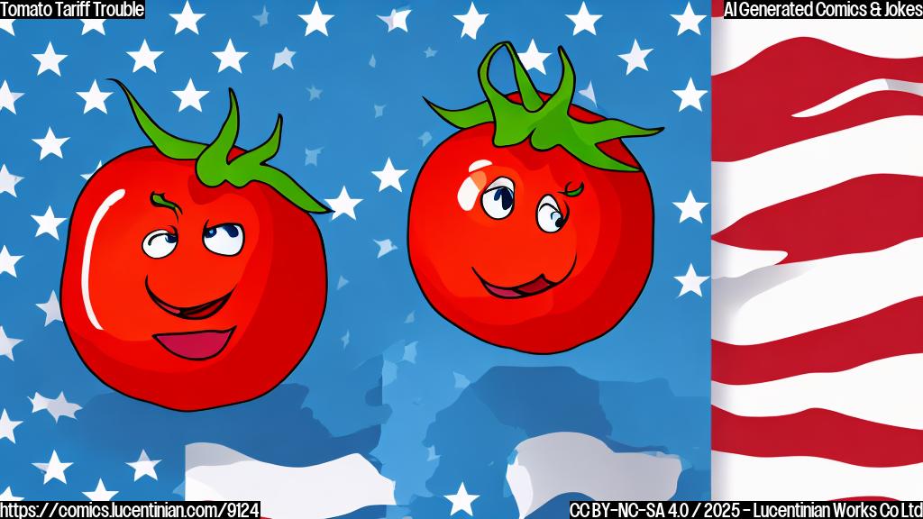 A cartoon tomato with rosy cheeks looking surprised, set against a backdrop of the US flag. Plain color style.