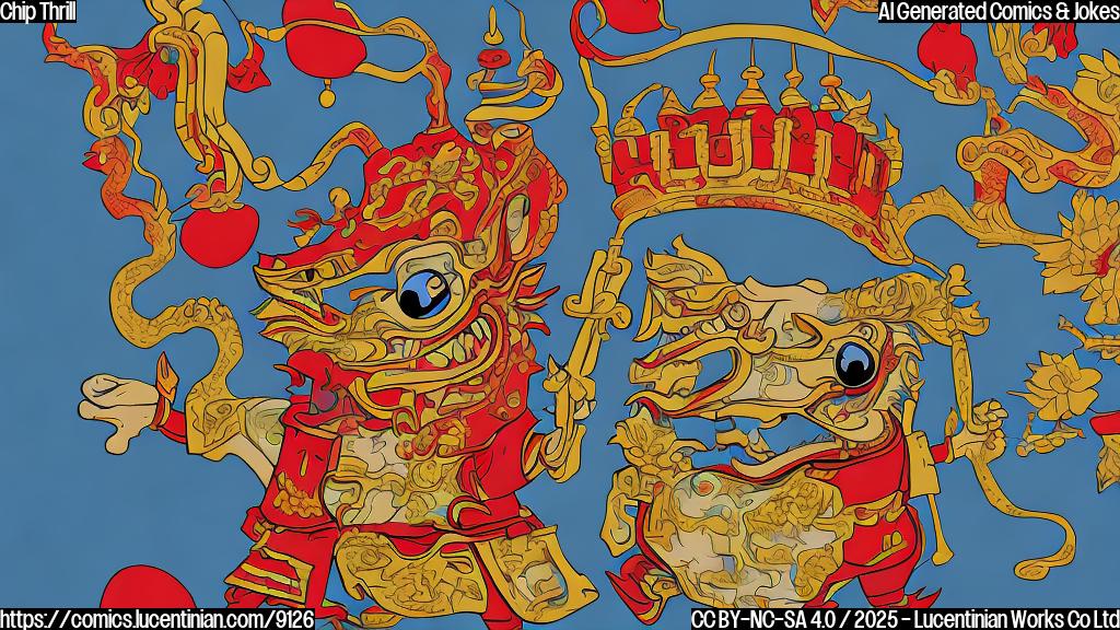 Plain color cartoon style image of a smiling computer chip wearing a small backpack, standing in front of a red and yellow stylized Chinese gate.