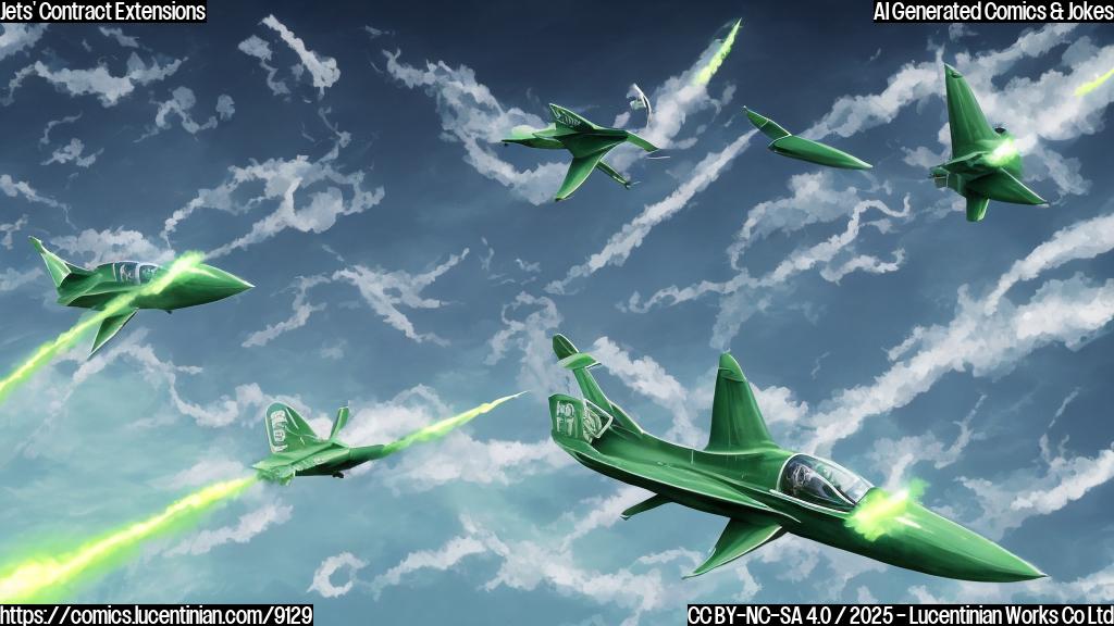 A cartoon-style illustration featuring two anthropomorphic jets taking off in formation, one painted green and the other with a white receiver glove, leaving trails of dollar signs in their wake against a plain blue sky.