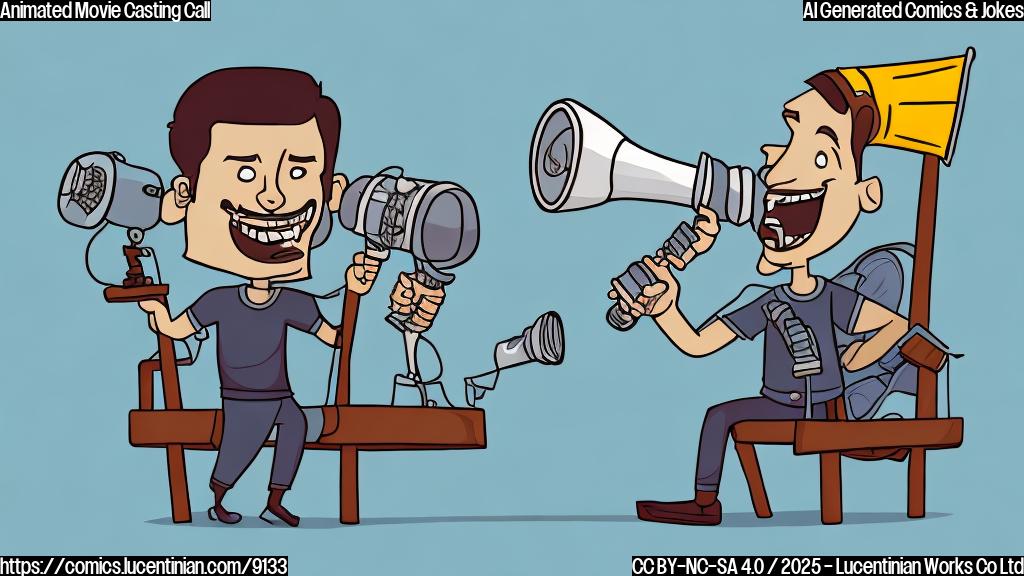 A plain color cartoon style illustration of a movie director in a director's chair, smiling widely with a megaphone in hand. Next to him are stylized microphone and a comedy mask. The background is a simple gradient of light blue.