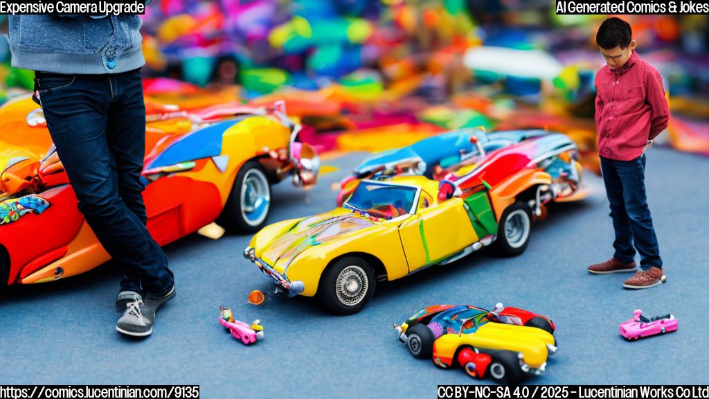 A perplexed looking cartoon photographer with a classic camera stands next to a ridiculously expensive, tiny, colorful toy car. The photographer is scratching his head. Plain background.