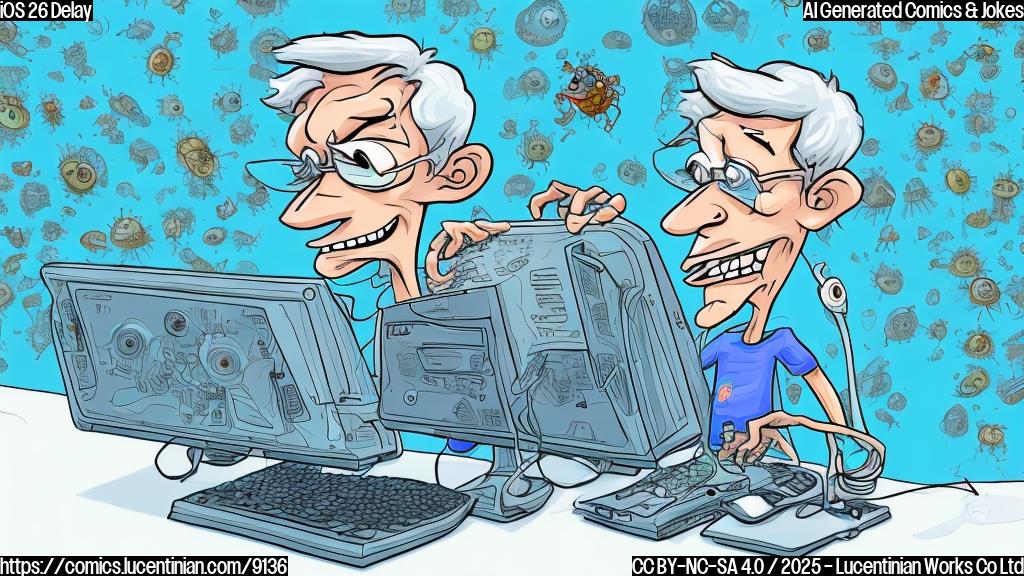 A cartoon depicting a frustrated software engineer with messy hair sitting at a computer surrounded by cartoon bugs crawling all over the screen. The computer displays "iOS 26 - Error!". The background is a plain light blue color.