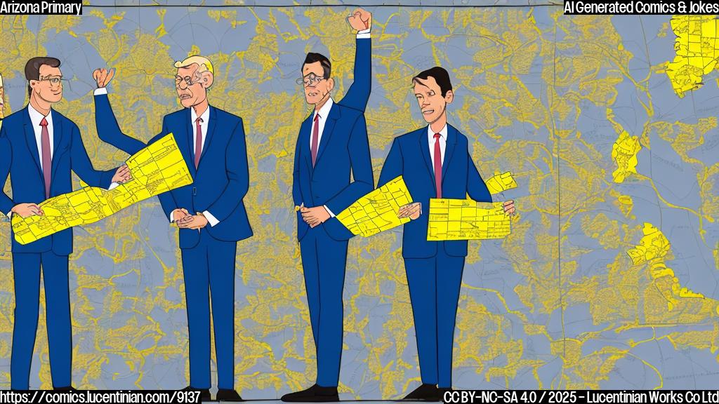 Cartoon image of three generic looking candidates wearing blue suits arguing over a simplified map of Arizona, all pointing in different directions. The map is a plain yellow color.