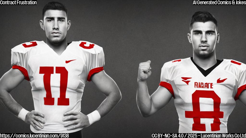 cartoon style, plain background, a frustrated-looking football player in a generic uniform standing with arms crossed, a contract floating beside him with question marks all over it