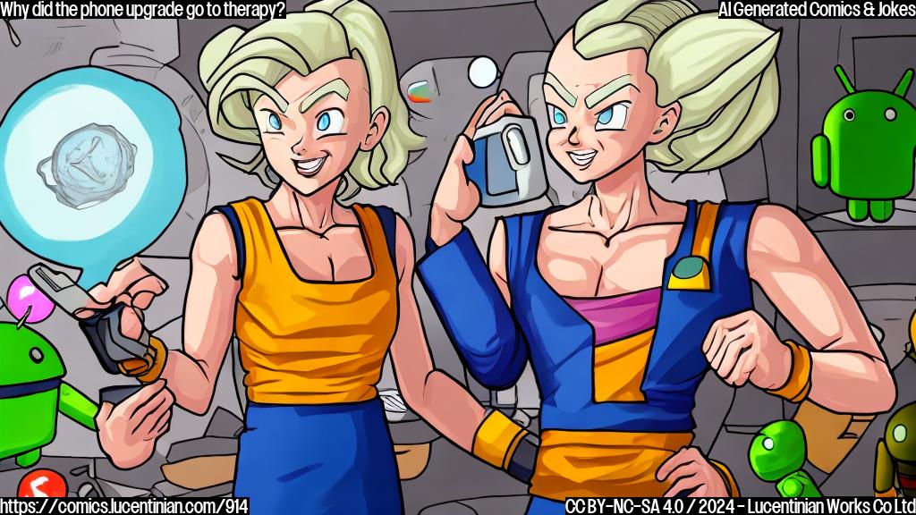 a smiling phone with a thought bubble and a therapist in the background, both surrounded by Android 15-themed decorations