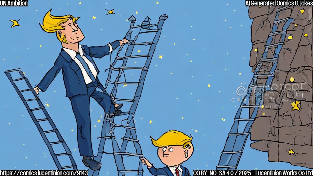 A cartoon-style image of a politician with short blonde hair and a blue suit, struggling to carry an oversized ladder towards a large building with many flags. The building is labeled "UN" in simple block letters. The sky is light blue and the ground is green.