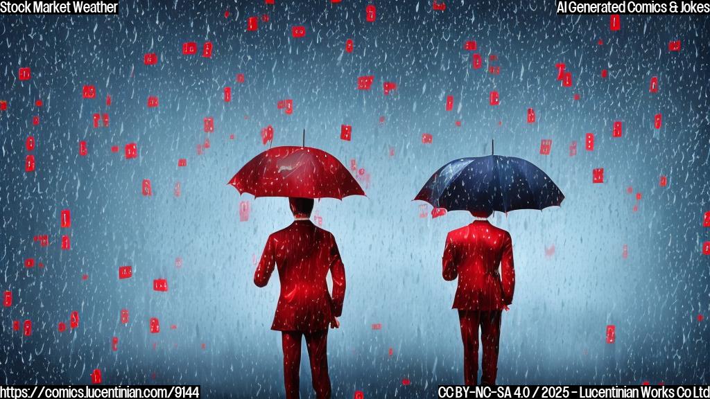 A cartoon-style image of a person in a business suit holding a large umbrella, with rain made of falling red numbers instead of water. The background is a simplified cityscape with generic buildings. The color palette is mostly muted blues and grays, with the red numbers providing a stark contrast.