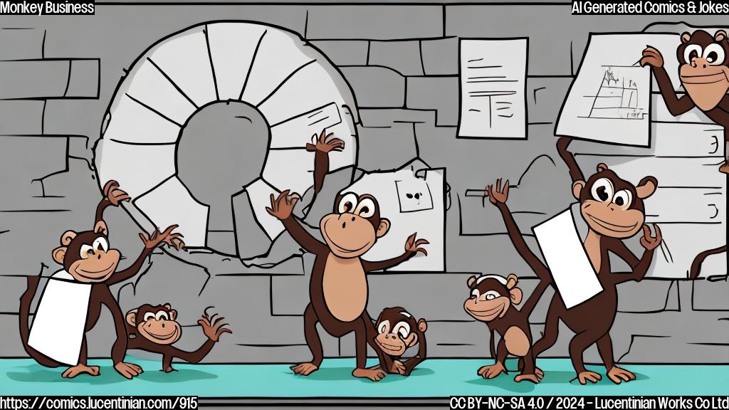Draw a cartoon of a group of monkeys in lab coats, holding a whiteboard with a diagram of their escape plan. One monkey is shown trying to climb up a wall, while another is frantically waving its arms and making a confused expression. The background should be a grey, institutional-style room with windows and a door. The overall style should be simple, cartoonish, and reminiscent of classic children's books.