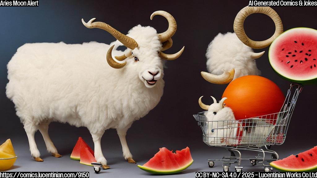a single frame cartoon of a fluffy white ram with large curved horns standing next to a shopping cart filled with random items like a rubber chicken, a disco ball, and a half-eaten watermelon, all in a plain, light blue background.