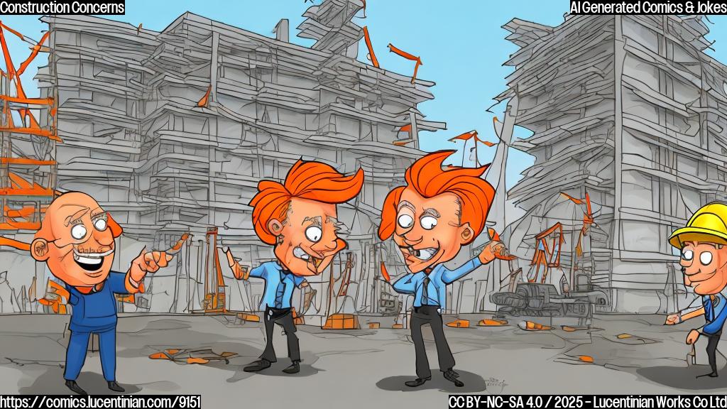 A cartoon drawing of a generic president with bright orange hair pointing dramatically at a construction site foreman with a speech bubble saying "You're fired!". In the background, a partially renovated building with a sign reading "$2.5 Billion Project". The style is plain color cartoon style.