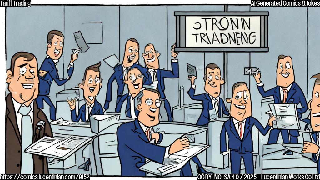 Cartoon image of a Wall Street trading desk with a revolving door spinning rapidly. The background is a plain light blue color. The traders are depicted as generic figures in suits, with exaggerated expressions of excitement and dollar signs in their eyes.