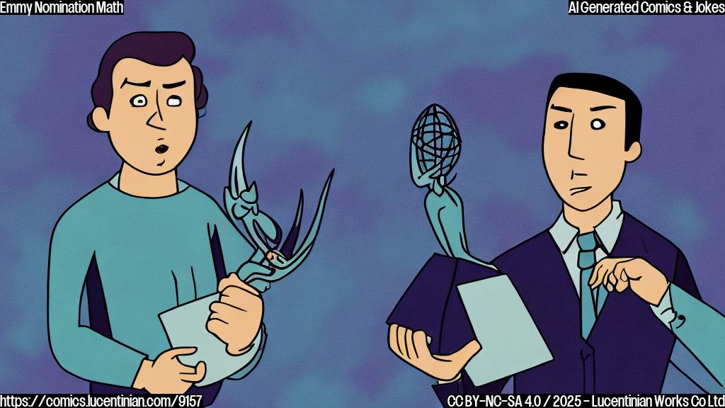 A plain color cartoon style image of a person with a shocked expression holding a calculator. Emmy awards are flying around them. The background is a simple gradient.