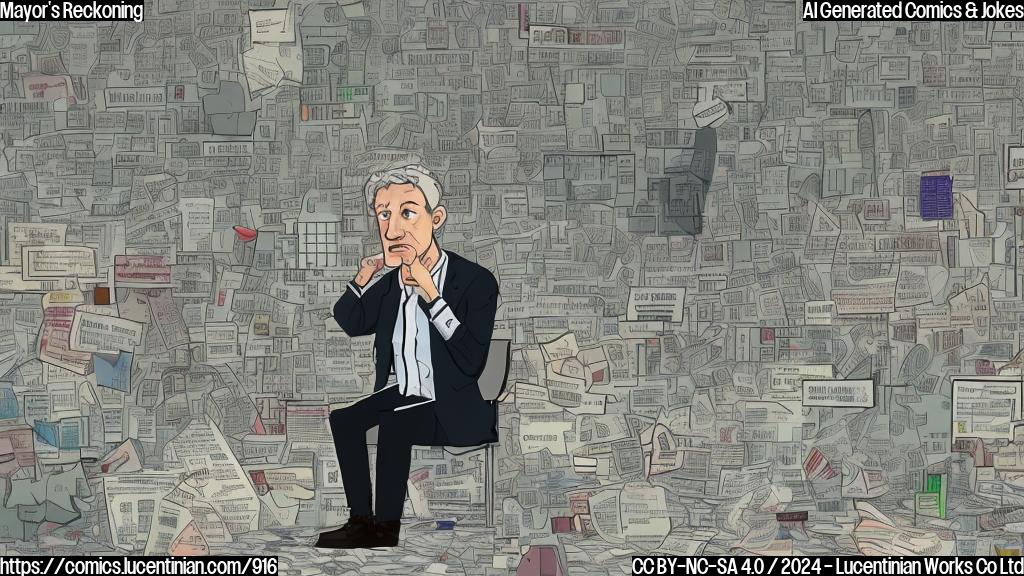 A frazzled urban leader with a worried expression, sitting on a therapist's couch amidst a scattered city map and notes, surrounded by empty coffee cups and newspapers with headlines about crime and disorder. The background is a blurred image of a busy street with people walking in different directions.