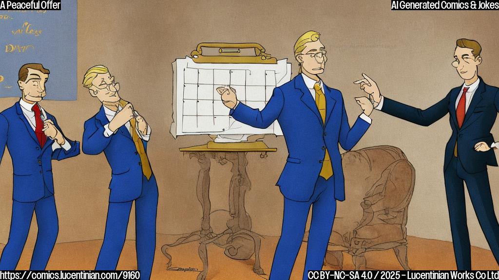 Cartoon style, plain background, a man with bright blond hair wearing a dark blue suit gestures grandly with one hand while pointing to a calendar marked with "50 days". Next to him, a stoic-faced man with dark hair and a dark suit looks on skeptically. The background is a simple, light blue.