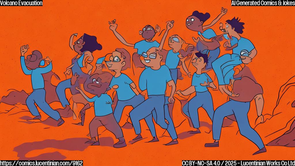 A plain color cartoon style picture showing a group of simplistic, stylized people figures with worried expressions hurrying away from a large, cartoon-like volcano that is spewing bright orange lava. The background is a simple, light blue color.