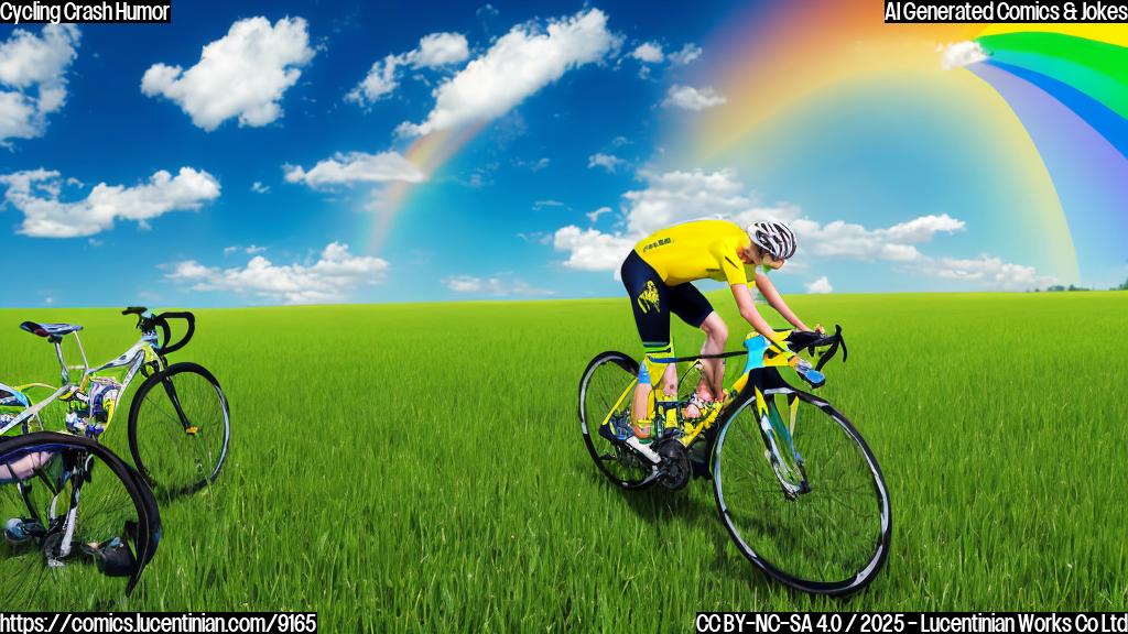 Cartoon style image of a bright yellow racing bicycle lying on its side on a green field, with a cyclist wearing a rainbow jersey faceplanting next to it. The background is a simple blue sky with fluffy white clouds.