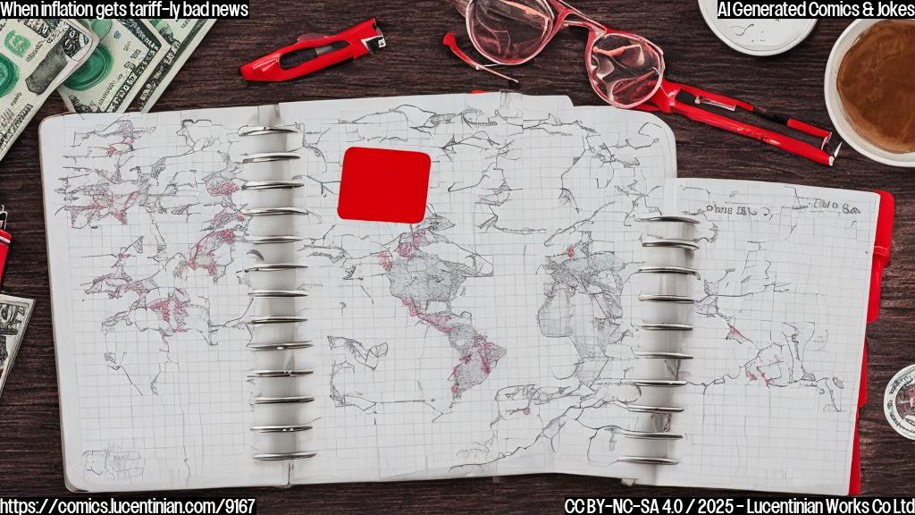 Draw a cartoon of a small, worried-looking wallet with a speech bubble saying "Oh no!" and a nearby calendar or planner with a red X marked on June. The wallet should be surrounded by a few dollars bills with a distressed expression, while the background is a subtle image of a global map with trade routes and tariffs-related symbols.