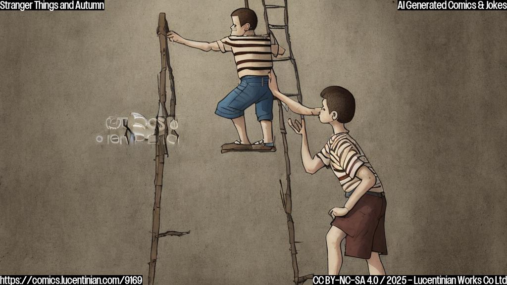 A simple cartoon image featuring a young boy with a buzz cut wearing a striped t-shirt holding a wooden ladder. The background is a dark, reddish-brown, and slightly textured, resembling the Upside Down from "Stranger Things" but without any specific monsters or copyrighted elements. The style is plain and minimalist, with solid colors and no shading.