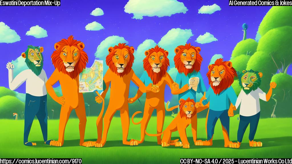 A bewildered group of five generic cartoon men, dressed in generic casual clothing, standing in a vibrantly green, cartoonish landscape with a small, confused-looking generic cartoon lion cub nearby. One man is holding a map upside down. The sky is bright blue with fluffy white clouds. Everything is in a simplistic, plain color cartoon style.