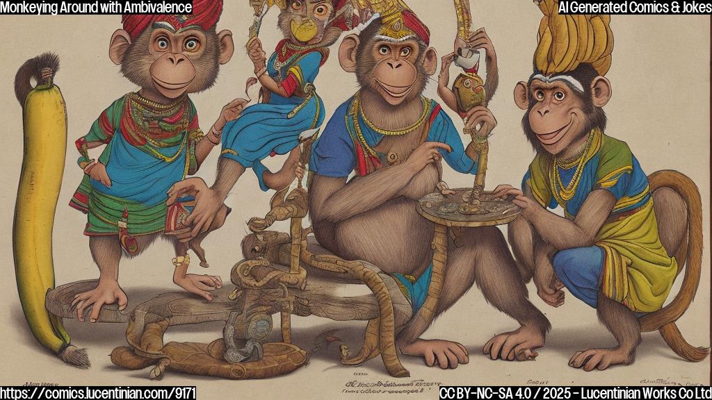 A cartoon of a person dressed in traditional Indian attire, sitting on a stool next to a mischievous-looking monkey with a banana peel under its foot. The monkey is holding a miniature briefcase and wearing a concerned expression, while the person looks puzzled and upset.