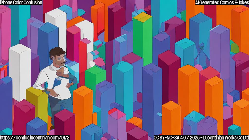 Cartoon image of a confused person standing in front of fifteen differently colored smartphones. The background is plain and the style is minimalist. The person is drawn with simple shapes and no discernible features beyond basic arms, legs and a head.
