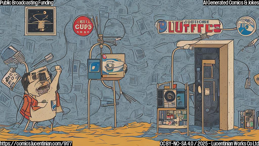 A small, struggling public broadcasting station depicted as a building with antennas, surrounded by a flood of tote bags and coffee mugs with public broadcasting logos on them. A sad, anthropomorphic microphone stands in the doorway, holding a donation jar.