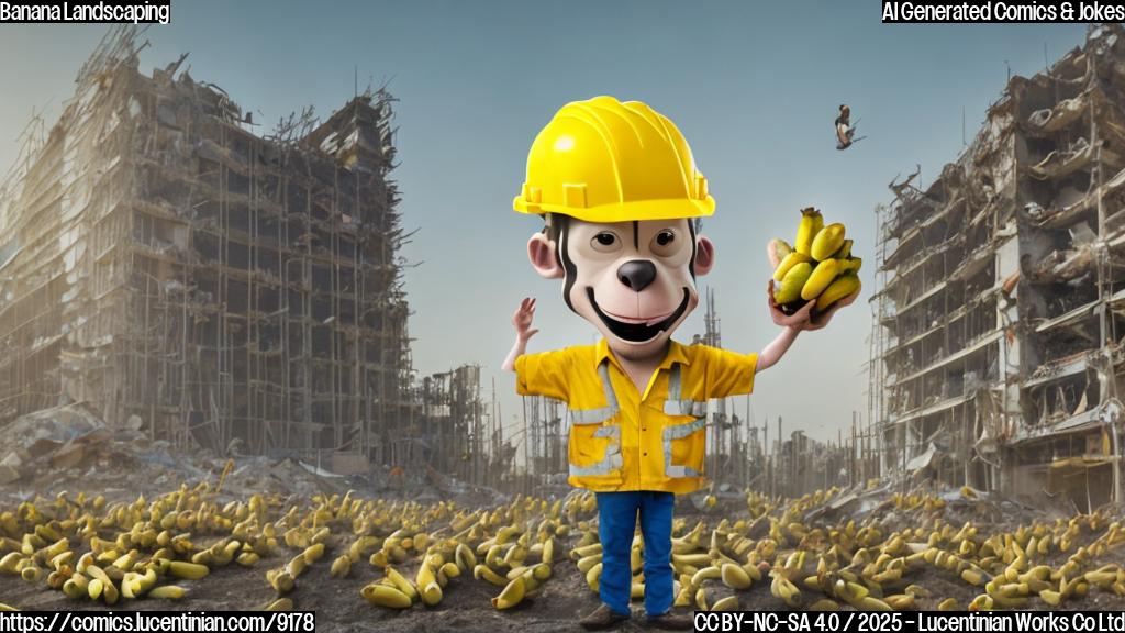 A cartoon-style image of a construction worker in a yellow hard hat holding a large bunch of bananas. In the background, a partially demolished building is visible, with a silhouette of several monkeys curiously watching from a safe distance. The overall color scheme is bright and playful.