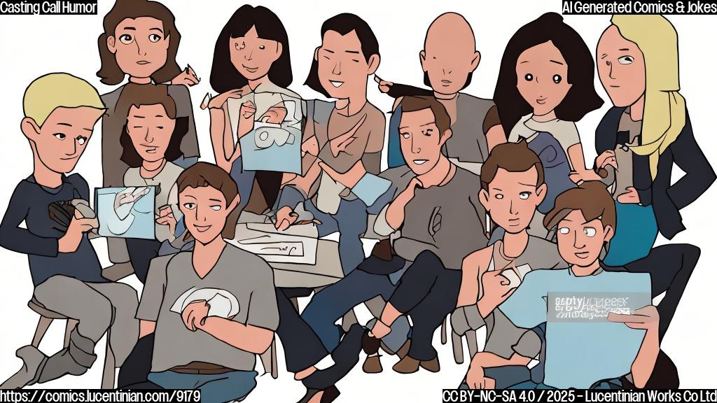 A group of tired casting directors sitting around a table piled high with headshots, one holding a picture of a girl with pointy ears and another holding a picture of a blonde boy, all in a plain color cartoon style.