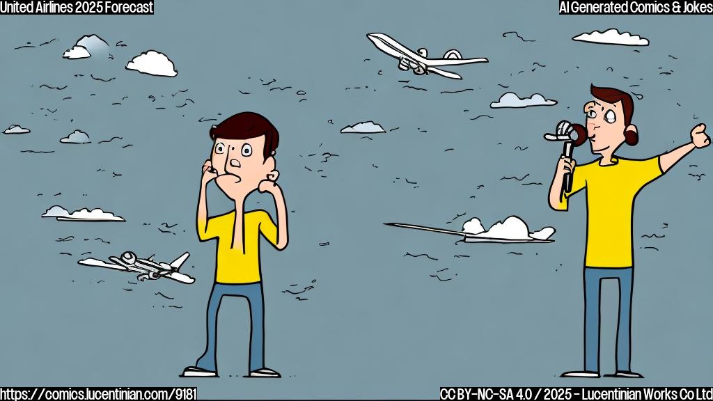 Draw a plain color cartoon style picture: A frowning comedian with a microphone in hand, standing next to a very simplistic, slightly tilted airplane with "2025 Forecast" written on its side. The background is a single color.