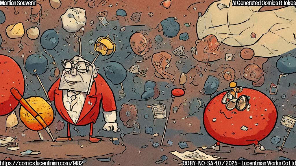 A cartoon-style image of a red rock with craters, wearing a small pair of glasses and a money bag, standing on an auction podium with a microphone in front of it. The background is a blur of wealthy-looking cartoon figures bidding. The style is simple and plain colors.