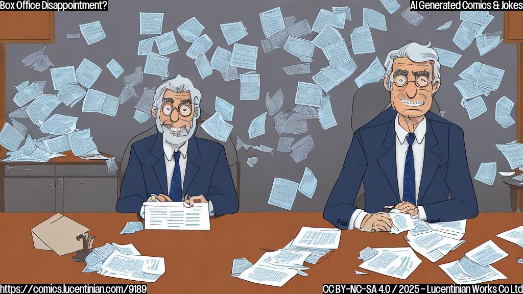 A cartoon image of a stressed-looking movie studio executive with messy gray hair, wearing a dark blue suit. He is sitting at a large wooden desk littered with papers. Behind him, a giant screen displays the words "$220 Million" with a question mark. The overall style is simple and brightly colored.