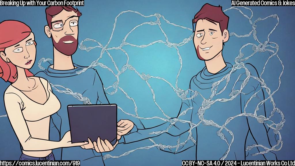 Draw a cartoon style picture of a person breaking up with someone, with the boyfriend character holding a tablet with a graph showing a decrease in carbon emissions and the girlfriend character surrounded by tangled wires representing attachment. The background should be a subtle gradient of blues to represent the environment.