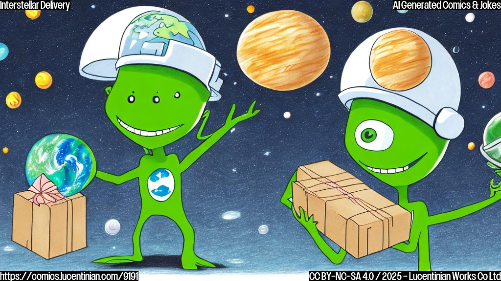 A cartoon-style drawing of a green alien with large eyes wearing a delivery uniform, standing next to a spaceship with packages labeled "Earth Delivery". The alien is smiling and holding a clipboard. The background is a simplified representation of space with stars and planets.