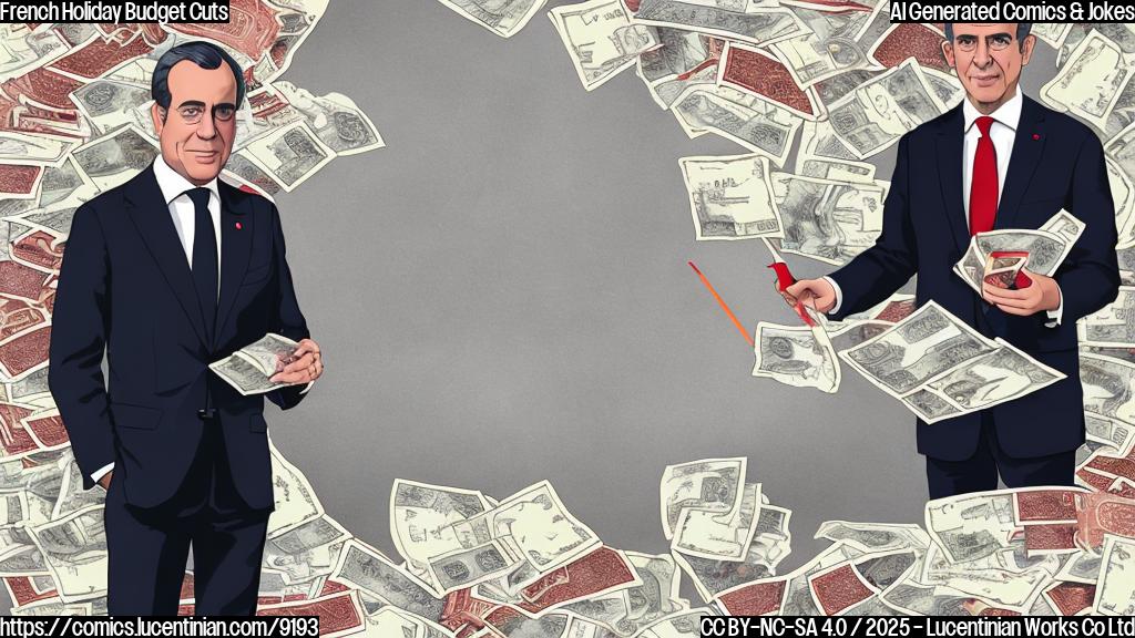 A cartoon style drawing of a French Prime Minister with short gray hair wearing a dark suit, standing in front of a pile of money, holding scissors, with two calendar pages with red circle on it floating nearby. The background is a plain light yellow color.