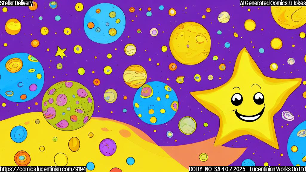 A cartoon drawing of a smiling yellow star with multiple small colorful planets orbiting around it. The star has sweat droplets on its face, indicating exhaustion. The background is a simple, plain purple color.
