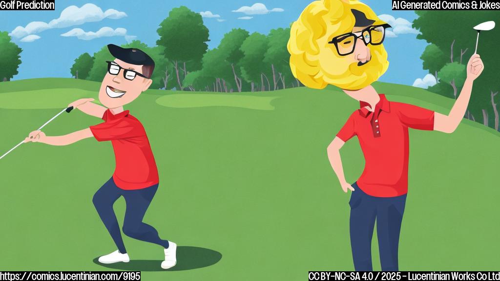 Cartoon illustration of a golf expert with glasses scratching his head while looking at a golf course on a sunny day. The expert is wearing a brightly colored polo shirt. A speech bubble above his head reads "He's good at Irish Open". Plain pastel colors.