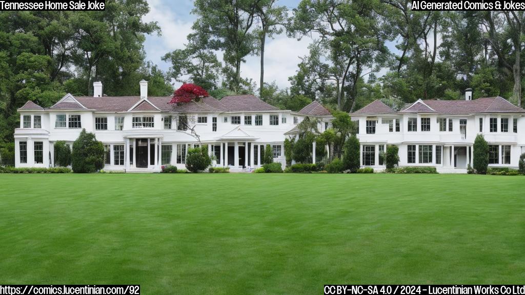 A large, rectangular house with five doors and seven windows stands in the middle of a green lawn. The house has white walls and a red roof. Surrounding the property are trees and hills covered in leaves. A driveway curves around the front of the house, leading to a garage door on one side.