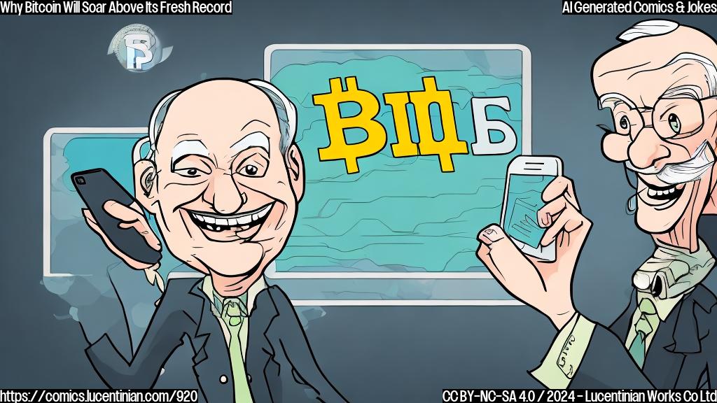 Draw a plain color cartoon style picture of an old man with a big smile, holding a smartphone with a stock market chart on the screen showing a rapidly increasing graph of Bitcoin's value.