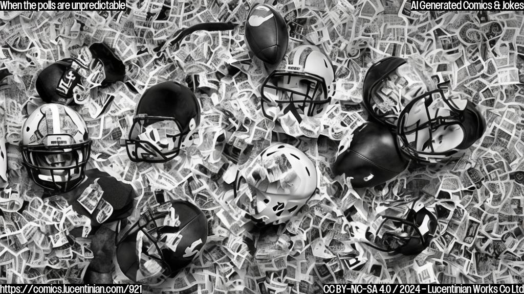 A group of football helmets with a puzzled expression, surrounded by scattered newspaper pages with college football rankings, and a therapist in the background with a concerned look on their face